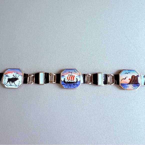 BERNARD MELDAHL ENAMEL GUILLOCHE VINTAGE NORWEGIAN STERLING SILVER BRACE… - Picture 4 of 9